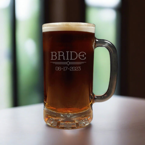 The word Bride Design wedding date underneath 16oz Beer Mug design - Dark Beer - Copyright Hues in Glass