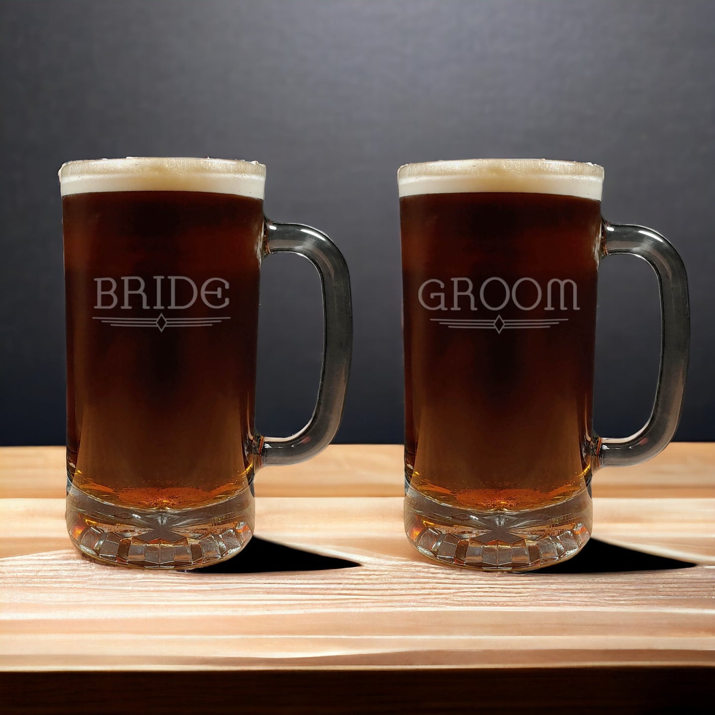 Bride and Groom 16oz Engraved Beer Mug Set – Personalized Wedding Gift for Couples – Deep Etched Sandblasted Glassware