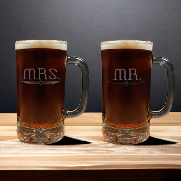 Mr. and Mrs. Set of 2 Beer Mugs - copyright Hues in Glass