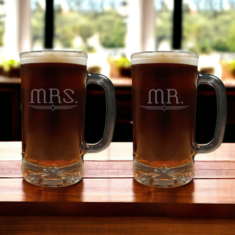 Mr. and Mrs. Set of 2 Beer Mugs - copyright Hues in Glass