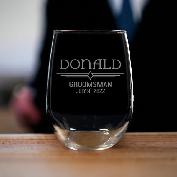 17oz Groomsman Stemless Wine Glass - Gift for Wedding Party - Best Man, Groomsman, Father of the Bride and Groom, Sandblasted Personalized Glass