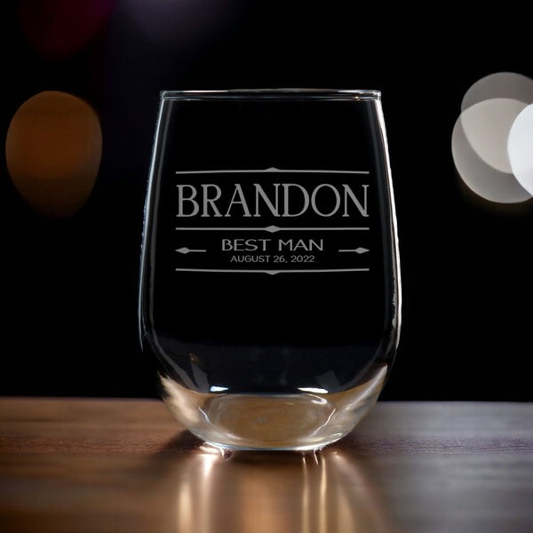 Best Man Stemless Wine Glass - Gift for Wedding Party - Groom, Groomsman,  Father of the Bride and Groom, Sandblasted Personalized Glass