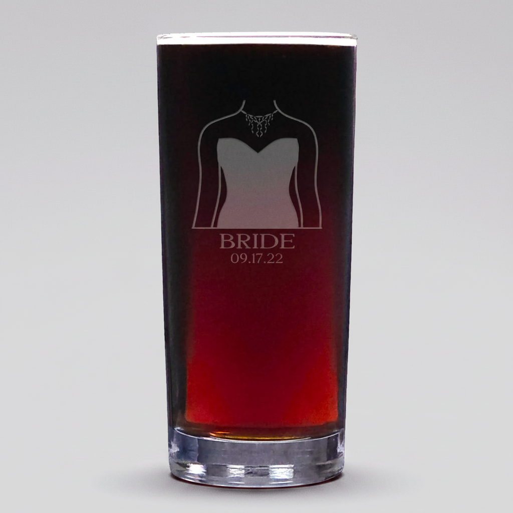 Glass with a bride's gown design and 'BRIDE' text on a light grey background