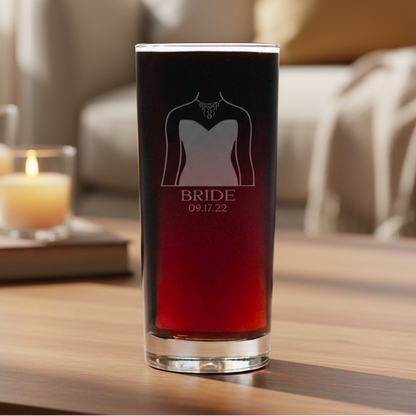 Cooler Glass with a bride's gown design and 'BRIDE' text and date with a cozy room in the background