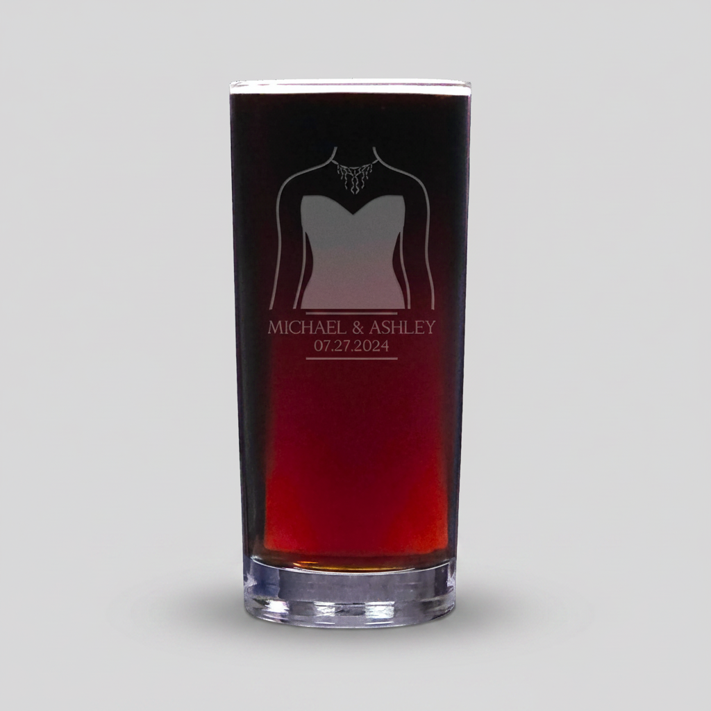 Glass with a wedding dress design and personalized text on a white background