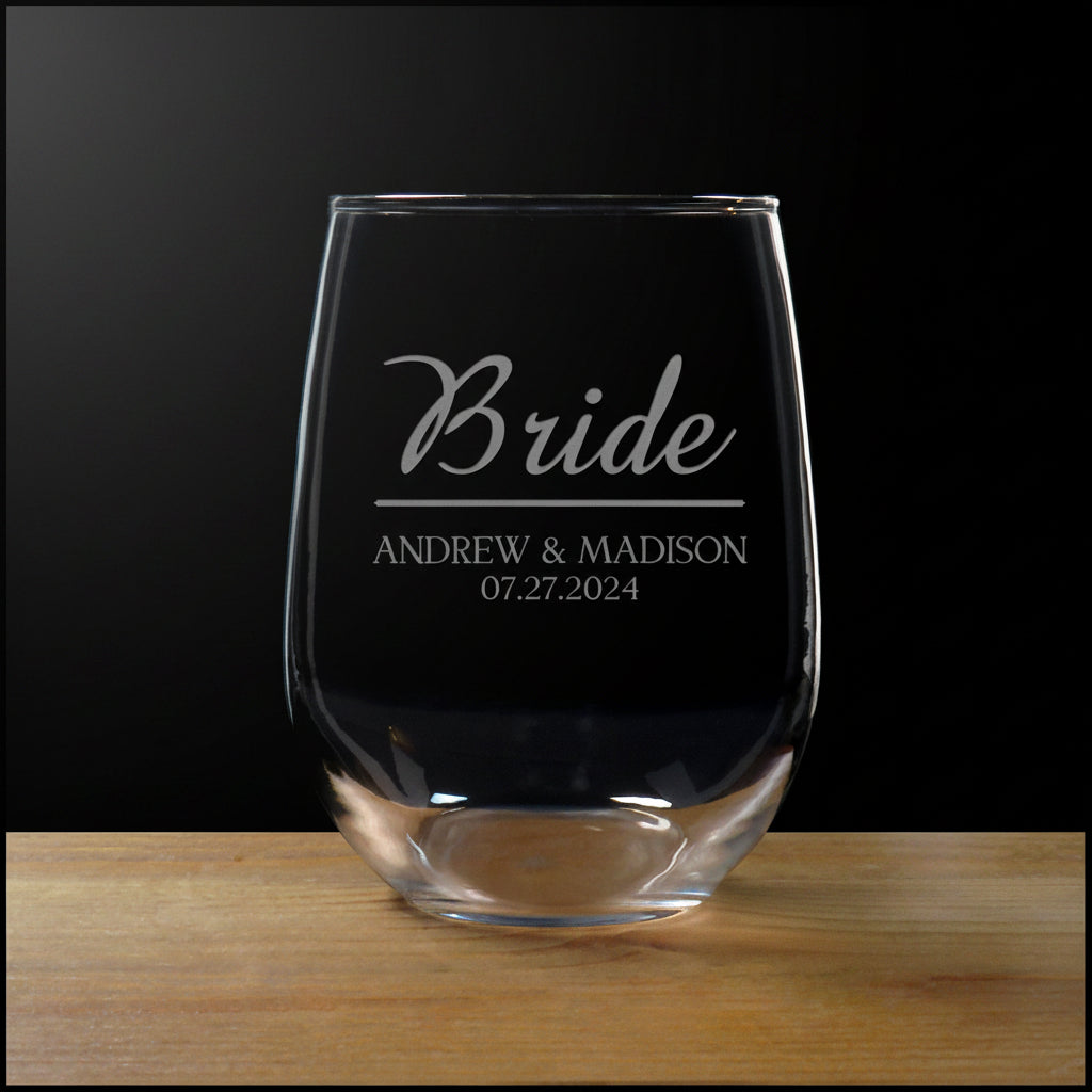 Bride 17oz Stemless Wine Glass – Deep Etched Wedding Glass - Personalized Wine Glass for the Bride