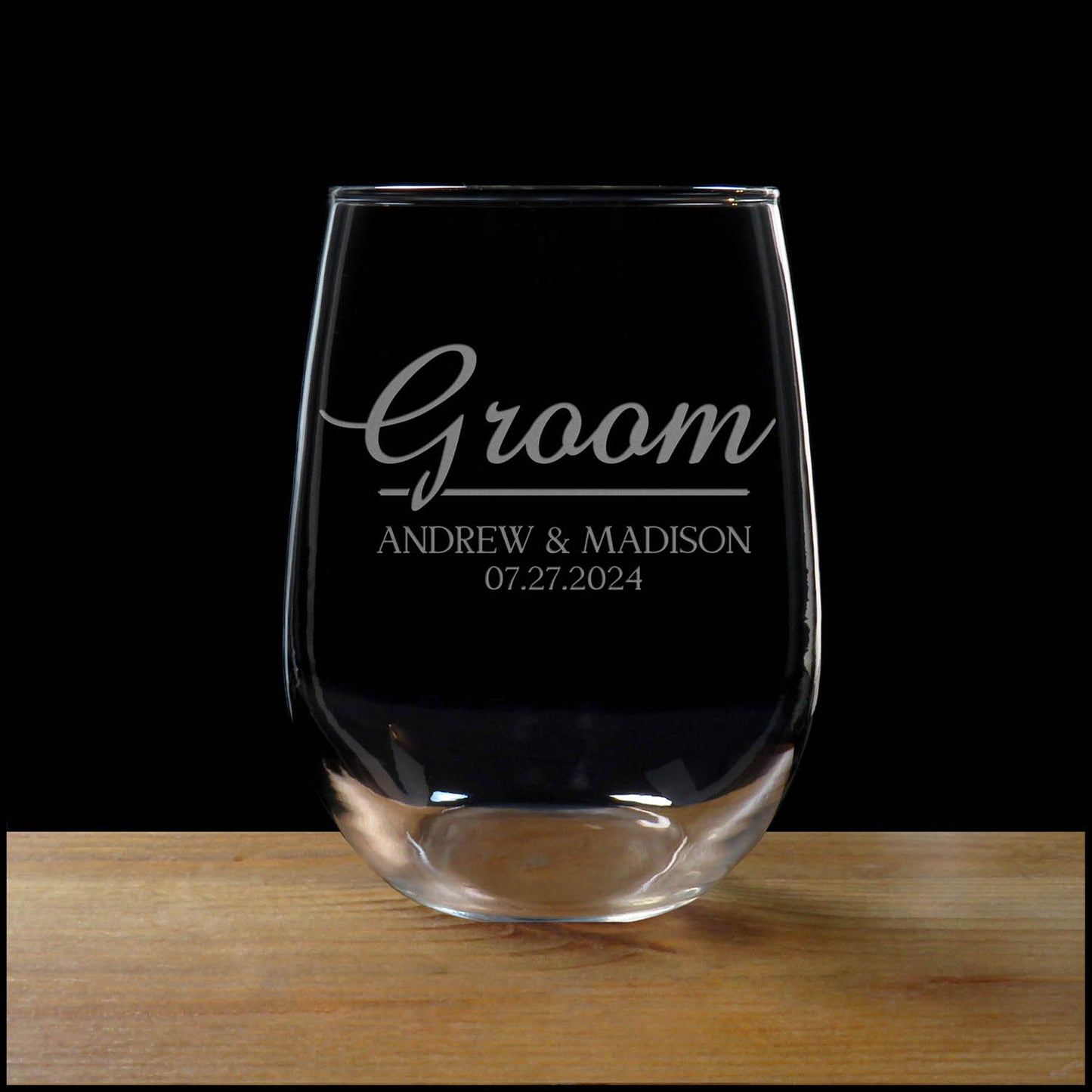 Groom Stemless Wine Glass – Custom Sandblasted Wedding Gift