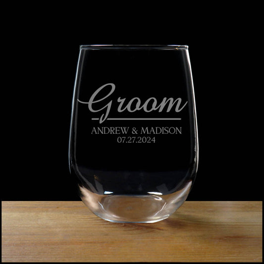 Groom Stemless Wine Glass – Custom Sandblasted Wedding Gift
