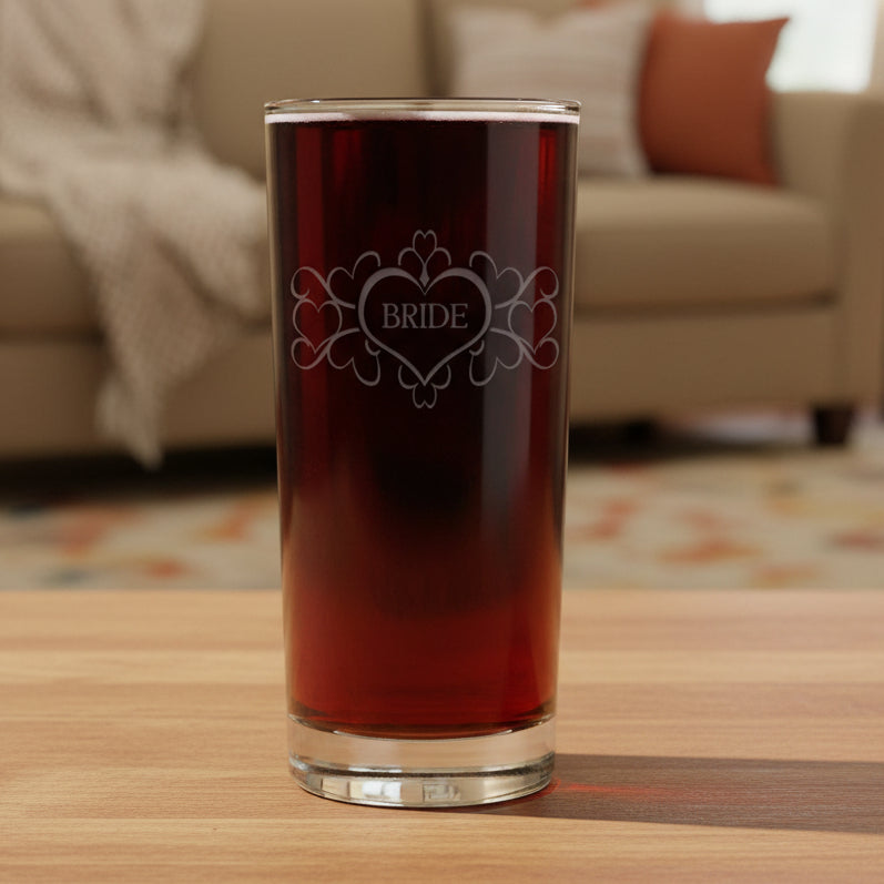 Hearts design with the word "BRIDE" in the center with a cozy living room in the background