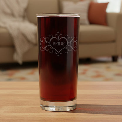 Hearts design with the word "BRIDE" in the center with a cozy living room in the background