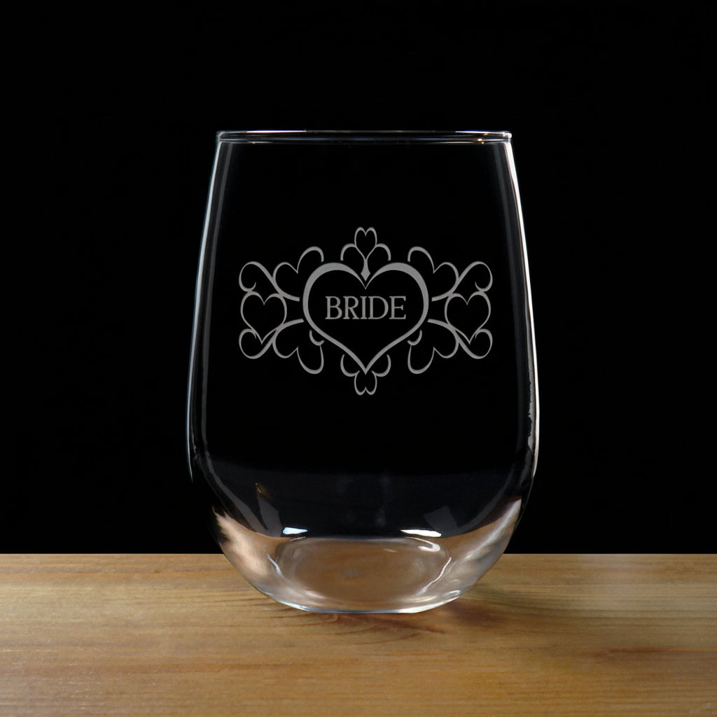 Clear glass with 'BRIDE' engraved on a black background