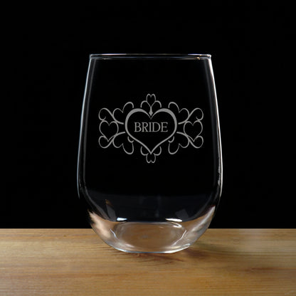 Clear glass with 'BRIDE' engraved on a black background