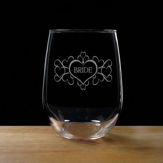 Clear glass with 'BRIDE' engraved on a black background