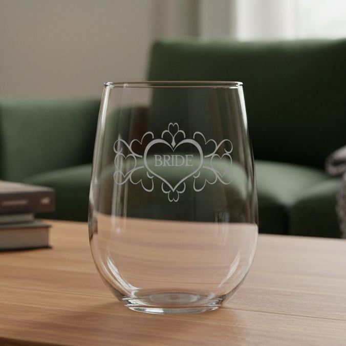 Clear glass with 'BRIDE' engraved on a black background