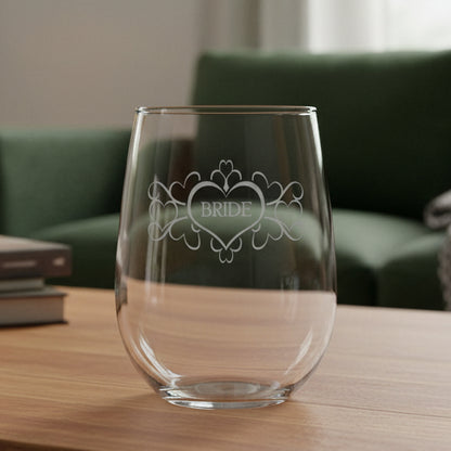 Clear glass with 'BRIDE' engraved on a black background