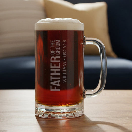 Personalized beer mug with 'Father of the Groom' text on a wooden surface and black background