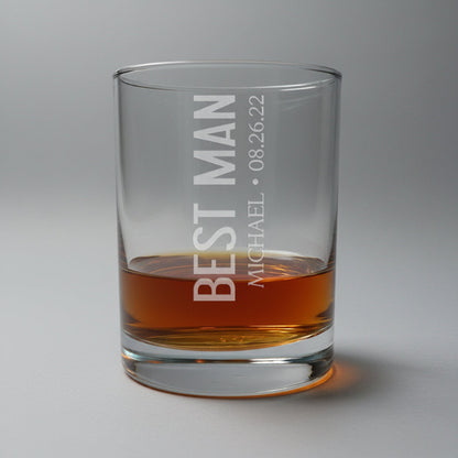 Clear Whiskey Glass with "BESTMAN" etched vertically with a name and date
