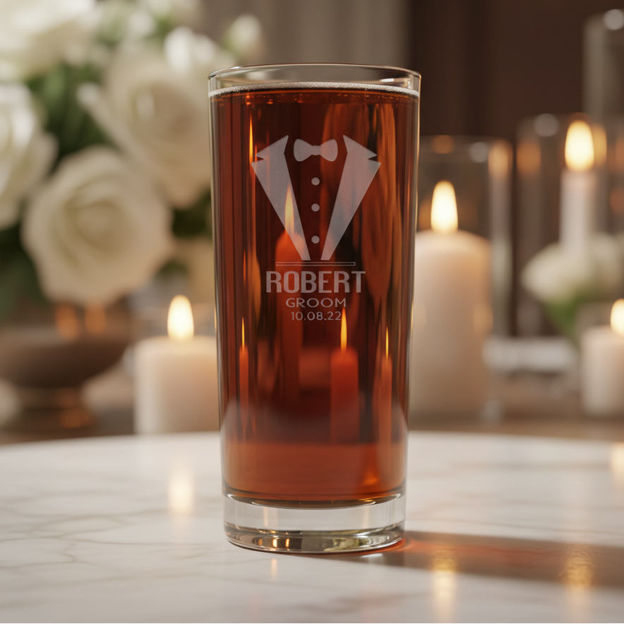 Glass with tuxedo design and "ROBERT - GROOM - DATE"  engraved the glass - with wedding roses and candles in the background