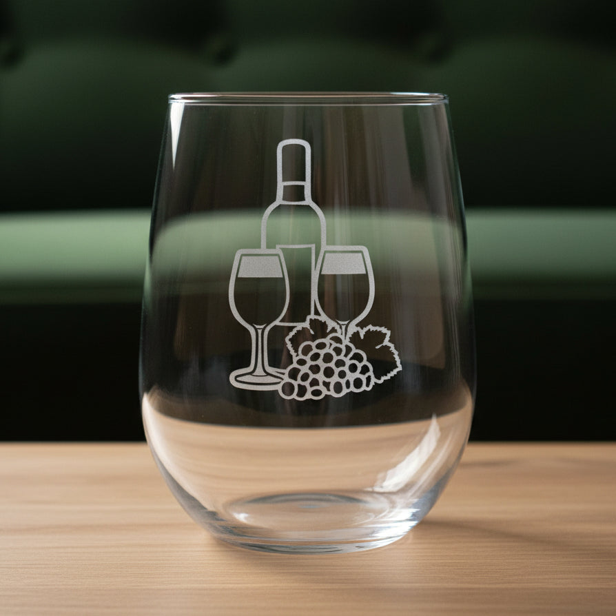 A clear stemless wine glass with a white etched graphic of a wine bottle, two wine glasses, and a grape cluster, shown on a wooden surface against a green couch.