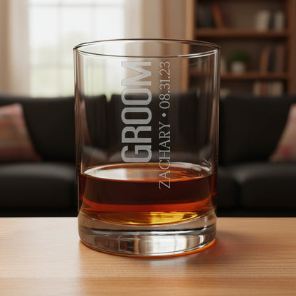 Personalized 13oz Whiskey Glass – Custom Etched Groom Glass, Deep Etched Scotch Bourbon Tumbler, Rocks Glass
