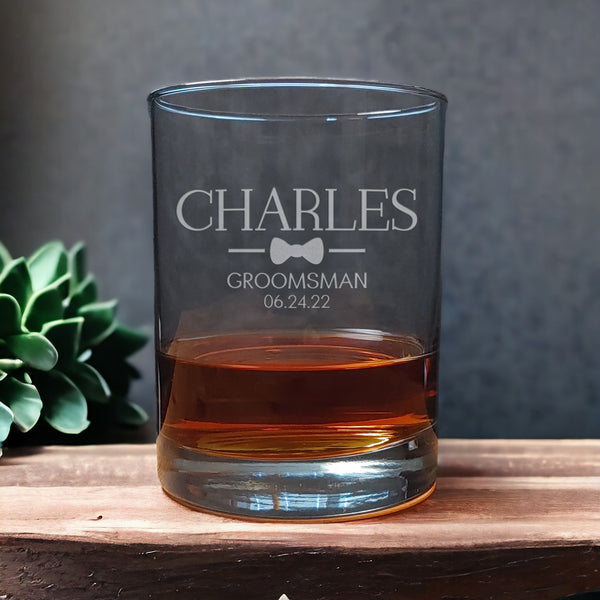 Groomsman 13oz Whisky Glass - personalized with Name , Title and Date of the wedding- Copyright Hues in Glass