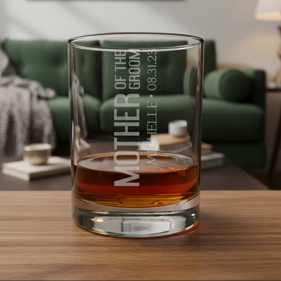 Mother of the Groom Personalized 13oz Whiskey Glass - Custom Deep Etched Rocks Glass