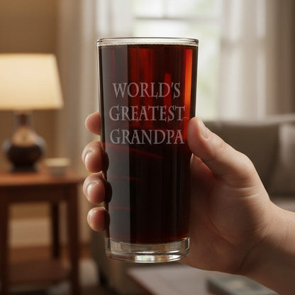 A hand holds a clear highball glass filled with a dark red drink in a cozy living room setting. The glass is etched with the text 'WORLD'S GREATEST GRANDPA' 