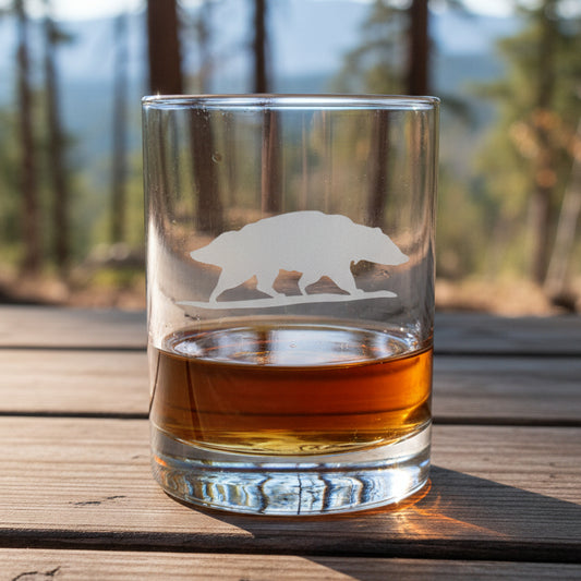 13oz Whiskey  Glass with an etched image of a badger with a background of a misty forest