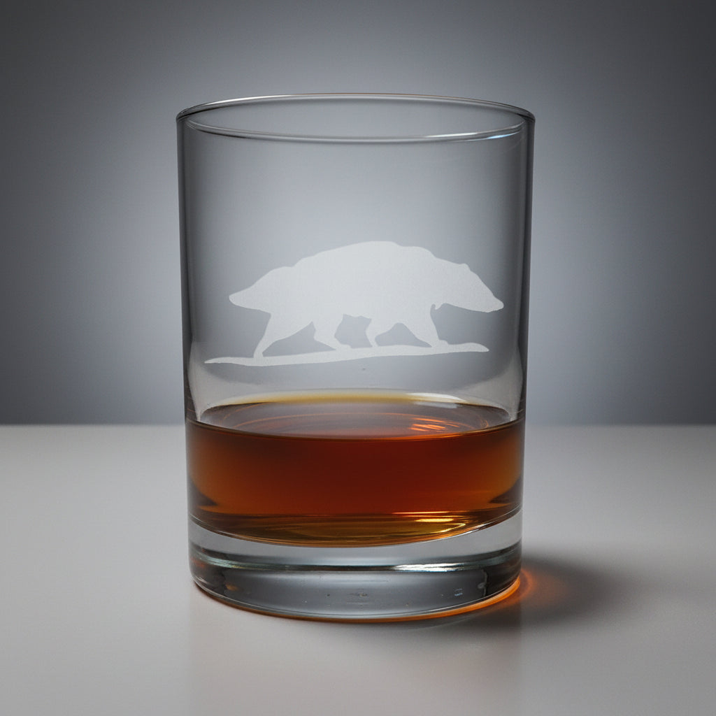 13oz whiskey glass with an etched image of a badger a grey  background