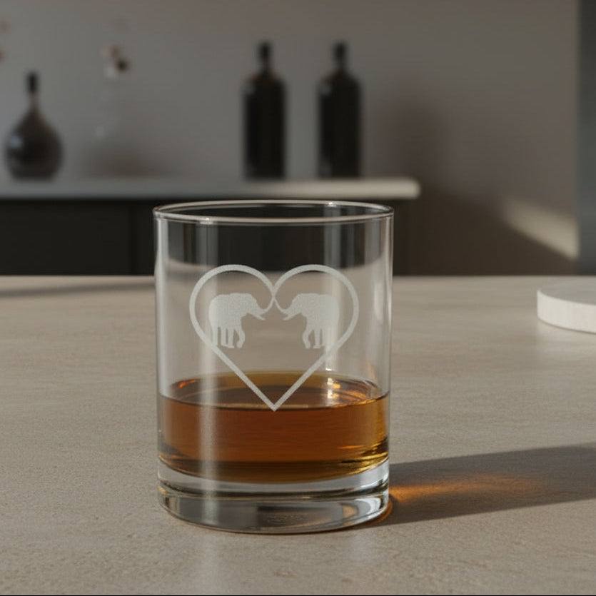 Elephants in Love - with Heart - Engraved 13oz Whiskey Glass - Animal Personalized Gift