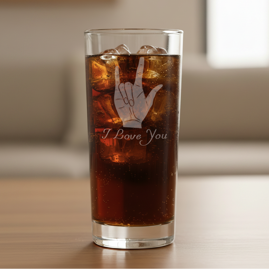 A clear cooler glass glass with a beerage with ice, featuring an etched hand gesture and the words 'I Love You' on the front, isolated on a white background.