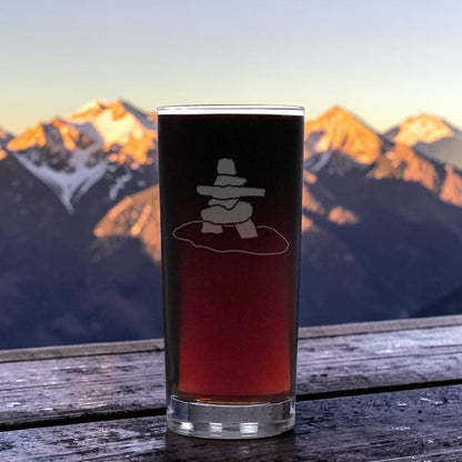 Inuksuk 15oz Cooler Glass, Deep Sand Etched Water Tumbler, Canadian Stone Marker Drinking Glass