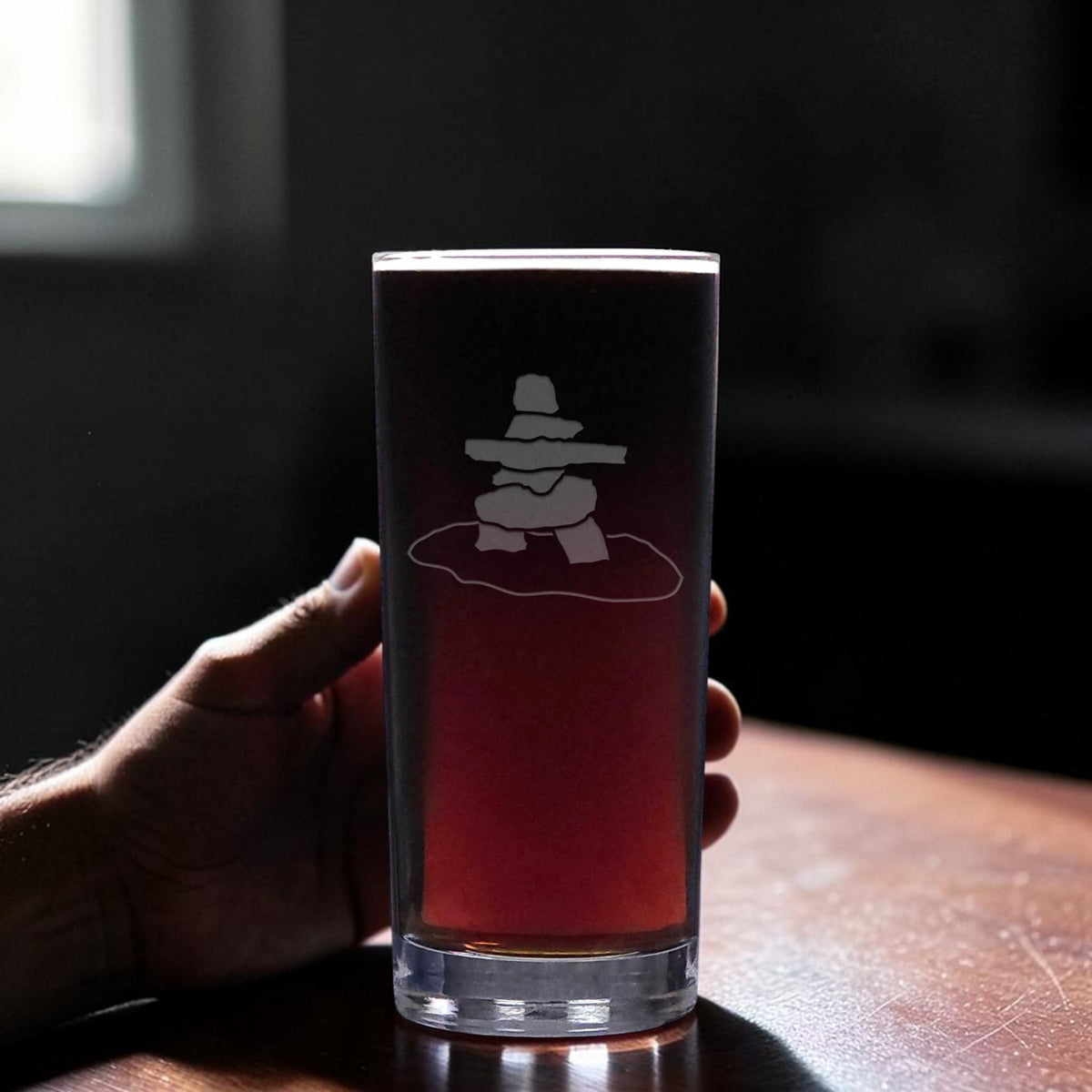Inuksuk 15oz Cooler Glass, Deep Sand Etched Water Tumbler, Canadian Stone Marker Drinking Glass