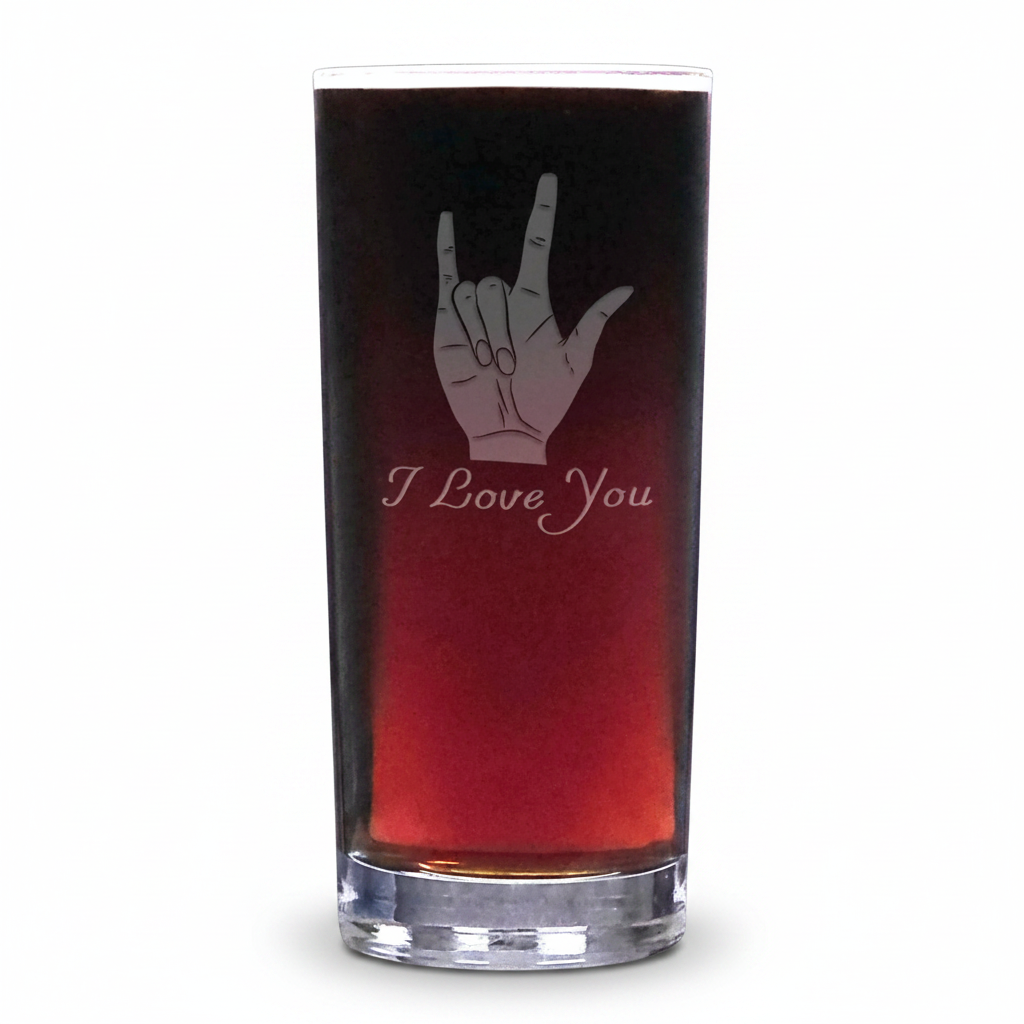 A clear cooler glass filled with a dark red drink, featuring an etched ASL hand gesture and the words 'I Love You' on the front, set against a plain white background.