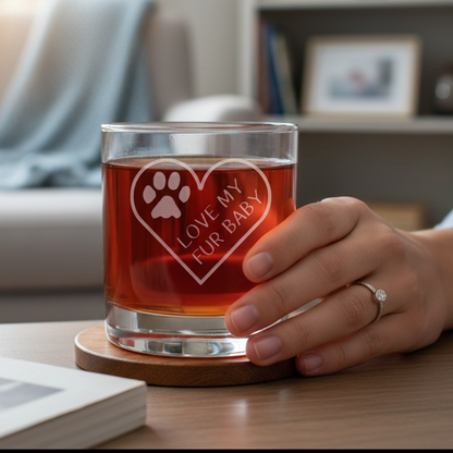 A hand holds a clear lowball glass with amber liquid and an etched heart design that reads 'LOVE MY FUR BABY' with a paw print. The glass sits on a wooden coaster on a table in a softly blurred living room setting.