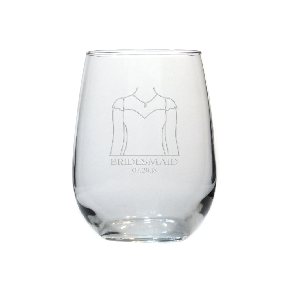 Bridesmaid 17oz Stemless Wine Glass – Deep Etched Wedding Glass - Personalized Wine Glass for the Bride