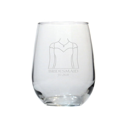 Bridesmaid 17oz Stemless Wine Glass – Deep Etched Wedding Glass - Personalized Wine Glass for the Bride