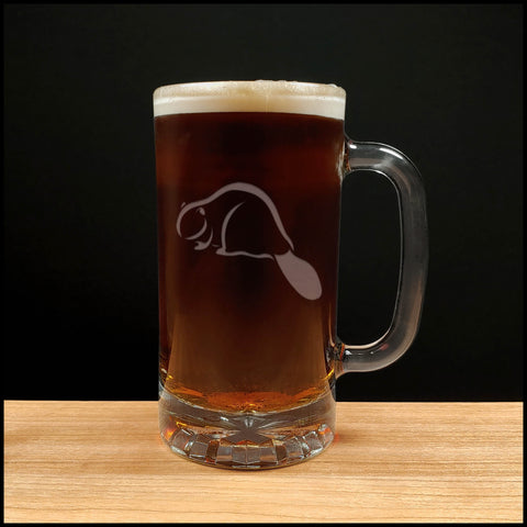 Beaver Beer Mug with Dark Beer - Design 2 - Copyright Hues in Glass
