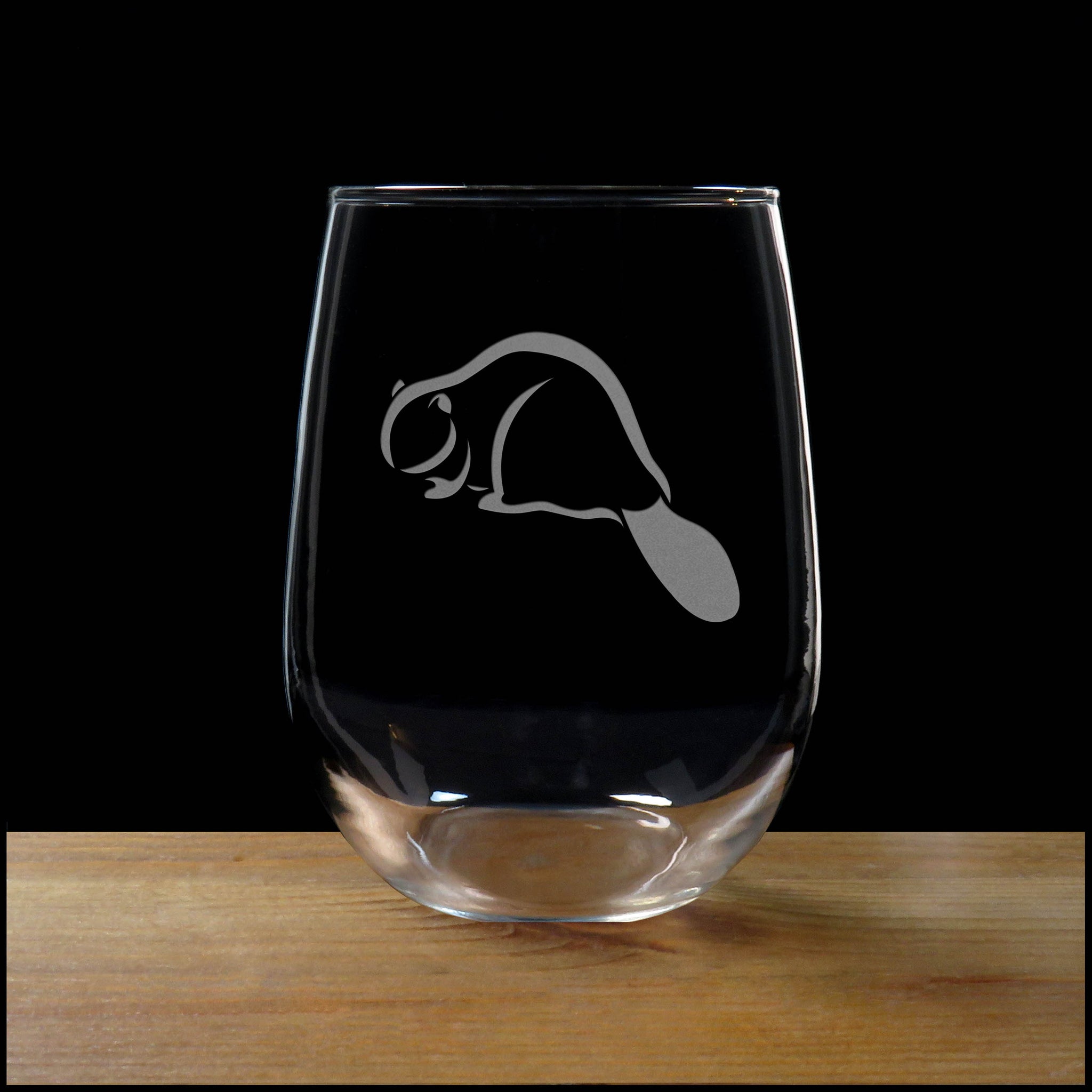 Beaver Stemless Wine Glass - Design 2 - Copyright Hues in Glass
