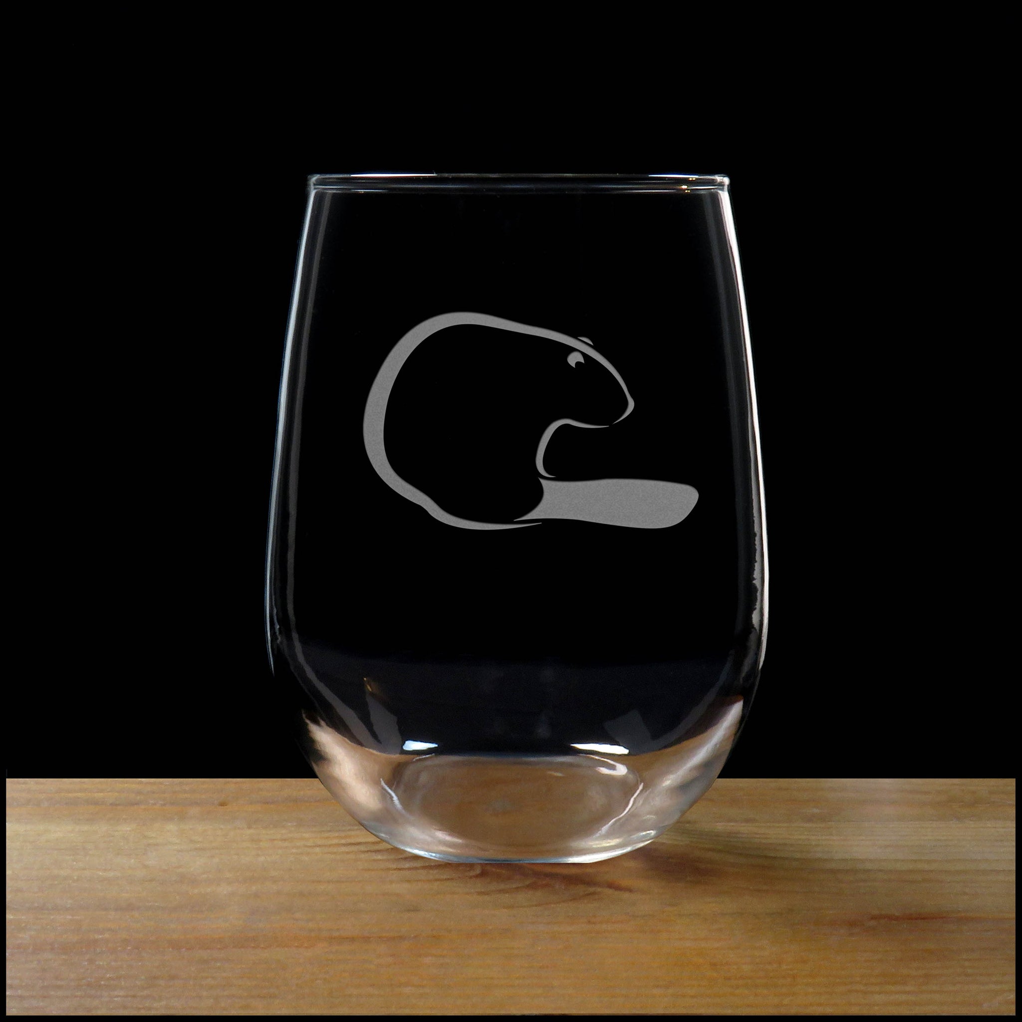 Beaver Stemless Wine Glass - Design 3 - Copyright Hues in Glass