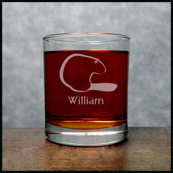 Personalized Beaver Whisky Glass - Design 3 - Copyright Hues in Glass