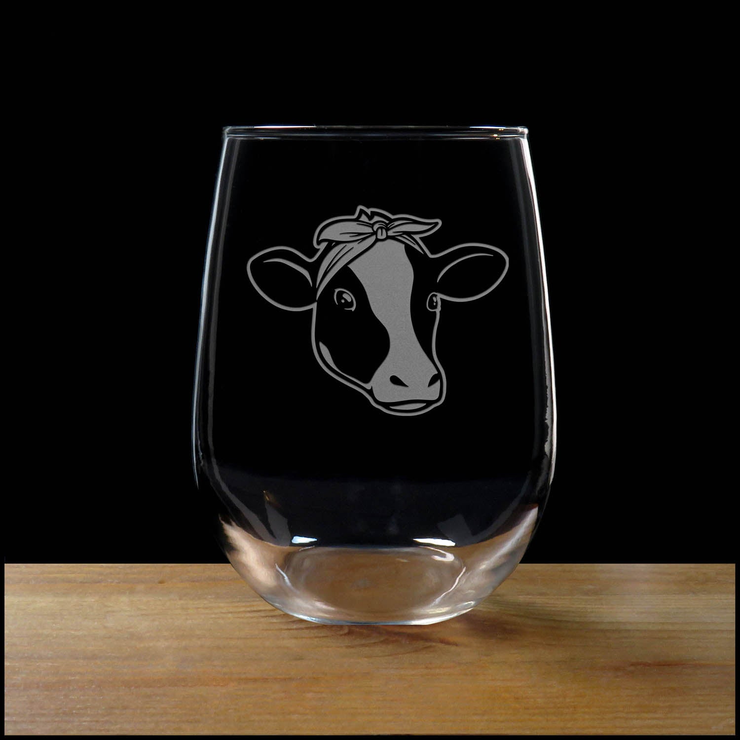 Cow Face with Bandana Stemless Wine Glass - Copyright Hues in Glass