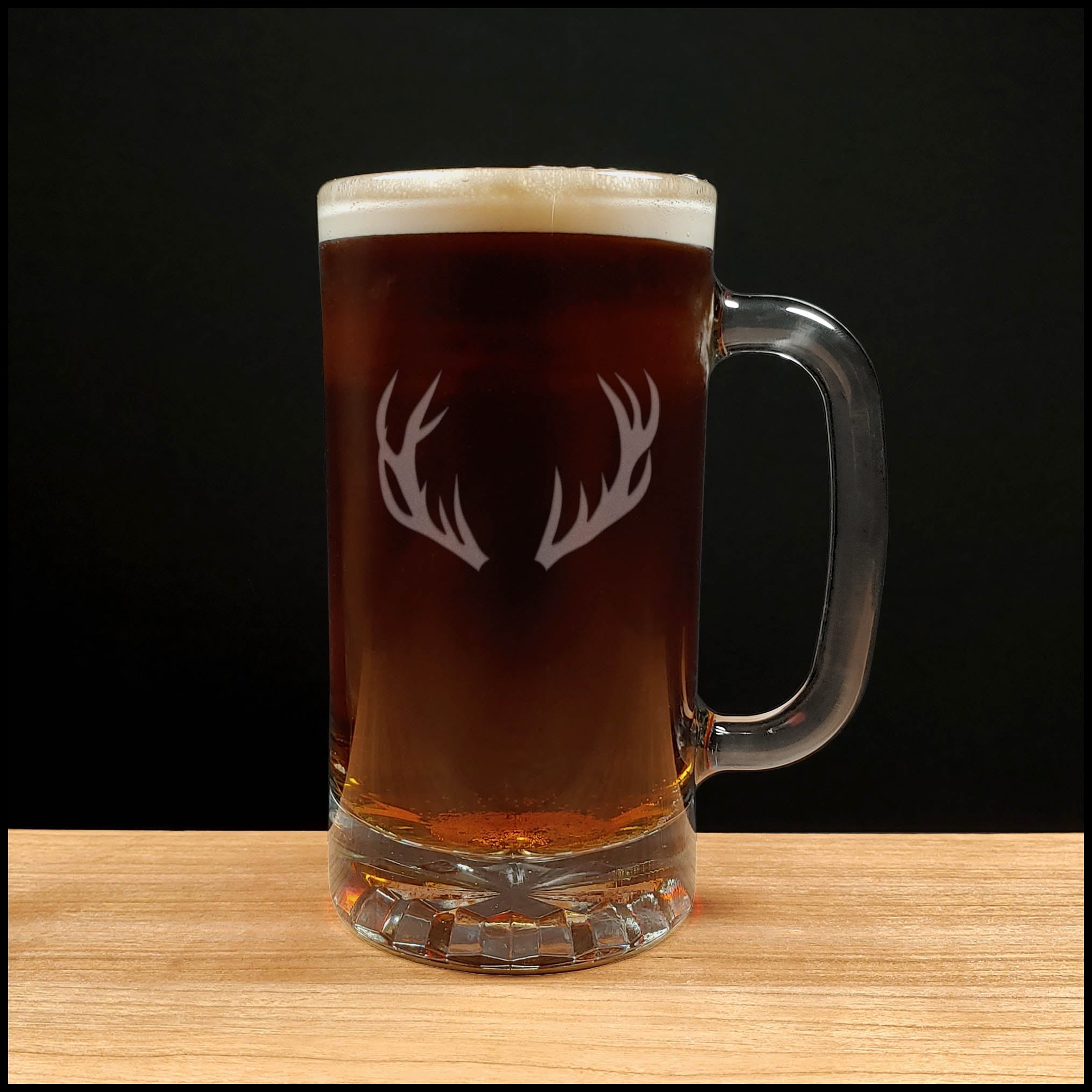 Deer Antlers Beer Mug with Dark Beer - Design 2 - Copyright Hues in Glass