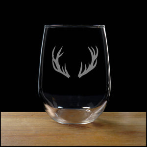 Deer Antlers Stemless Wine Glass - Design 2 - Copyright Hues in Glass