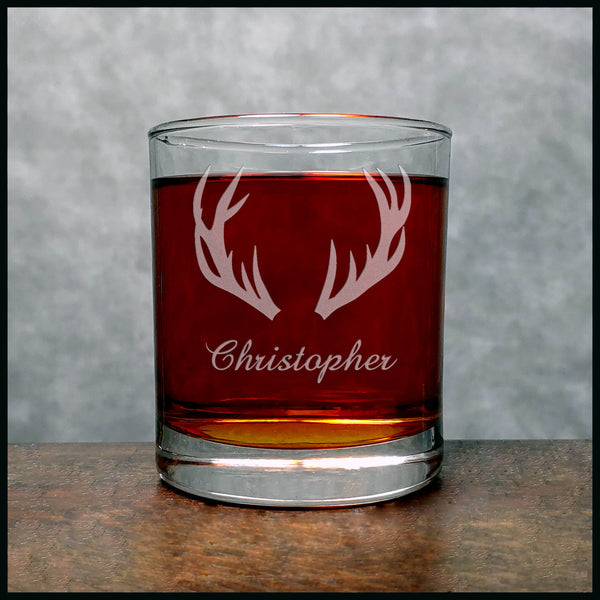 Personalized Deer Antlers Whisky Glass - Design 2 - Copyright Hues in Glass