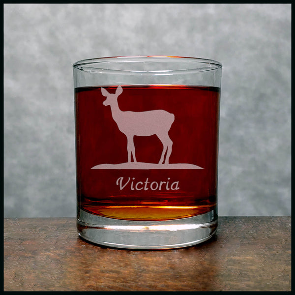 Personalized Deer Doe Whisky Glass - Copyright Hues in Glass