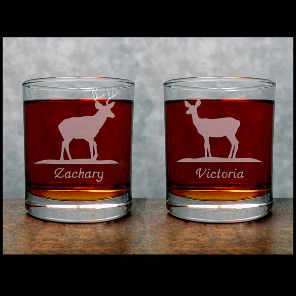 Personalized Stag and Doe - 11.2oz Whiskey Glass Set - Copyright Hues in Glass