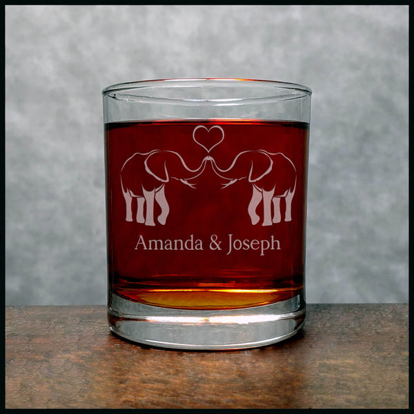 Personalized Elephants in Love Whisky Glass - Copyright Hues in Glass