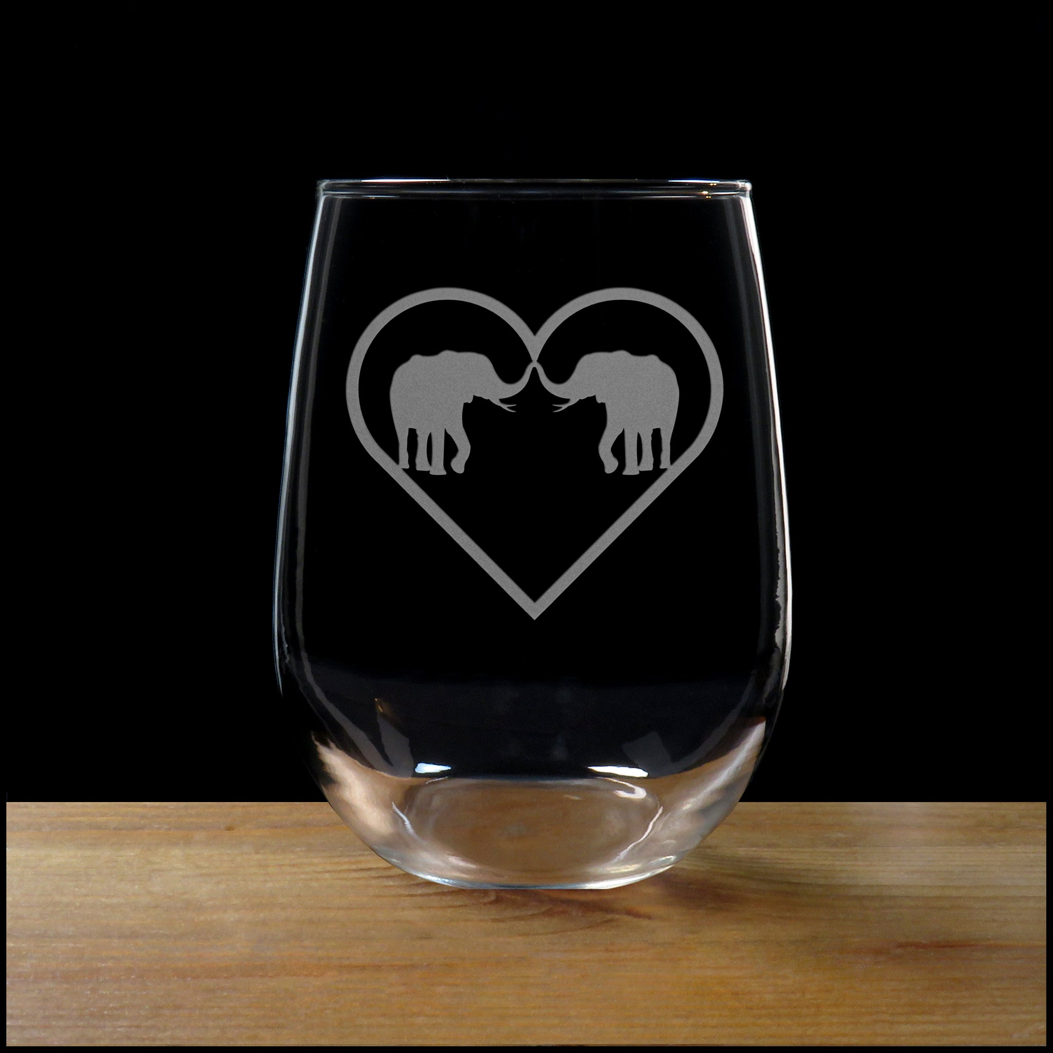 Elephant in Love with Heart Stemless Wine Glass - Copyright Hues in Glass