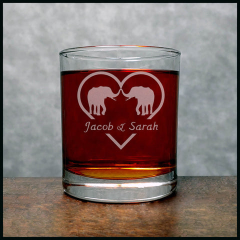 Personalized Elephants in Love Whisky Glass - Design 3 - Copyright Hues in Glass